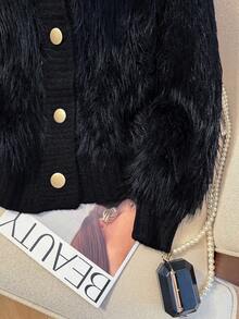 JIANHU Korean Style Fuzzy Knit Cardigan – Fall Winter Soft Faux Fur Sweater With Scalloped Trim And Pearl-Like Buttons, Cozy High Neck Jacket For Daily Looks - Black - View 8