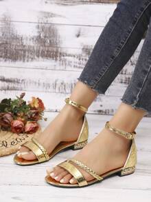 Women's Elegant Casual Sexy Bohemian High Heel Sandals With Strap Diagonal Woven Decor, Solid Color, Suitable For Vacation And Outdoor Wear In Summer - Gold - View 10