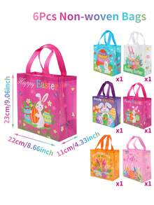 6个装复活节彩蛋寻宝袋，方形无纺布手提袋，印有兔子和彩蛋图案，复活节礼品包装袋，可重复使用带提手的收纳袋，复活节彩蛋寻宝派对用品，复活节快乐装饰，复活节兔子装饰，适用于复活节派对回礼、篮子填充物和装饰品 - 彩色 - 查看 13