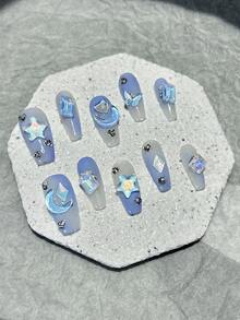 10pcs Blue Halo Fake Nails, Star & Moon Nail Art Stickers, Diamond Nail Decals, Coffin Shaped Nail Stickers, Medium Size Nail Accessories (1pc Jelly Sticker + 1pc Nail File) Nail Supplies - Baby Blue - View 3