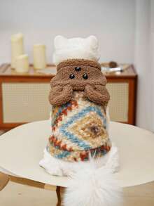 Pet Exclusive Bear Head Patchwork Vest, Contrast Fluffy Texture + 3D Bear Face Design, Warm Fleece For Small Dogs & Cats, Suitable For Winter Holiday Wear - Brown - View 5