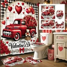Juego de cortina de ducha decorativa para el Día de San Valentín (incluye corazón, rosa, floral, camión, patrón a cuadros) Estilo granja rojo y negro lavable, cortina de baño, incluye 12 ganchos, alfombra antideslizante en forma de U para el inodoro, regalo para el hogar - Multicolor - Ver 18