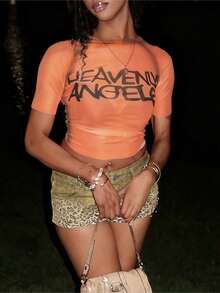 Sexy Sommer Damen Top, bedrucktes Mesh Kurzarm T-Shirt für Valentinstag, Nachtclub, sexy Party Outfit, transparentes Lässig Top - Koralle Orange - Übersicht 3