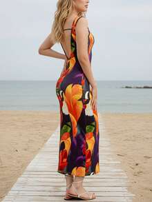 Women's Casual Vacation Parrot & Turtle Print Beaded Spaghetti Strap Mid-Length Dress - Date Outfit - Tropical Elegant Dress For Women(JH25008) - Multicolor - View 2