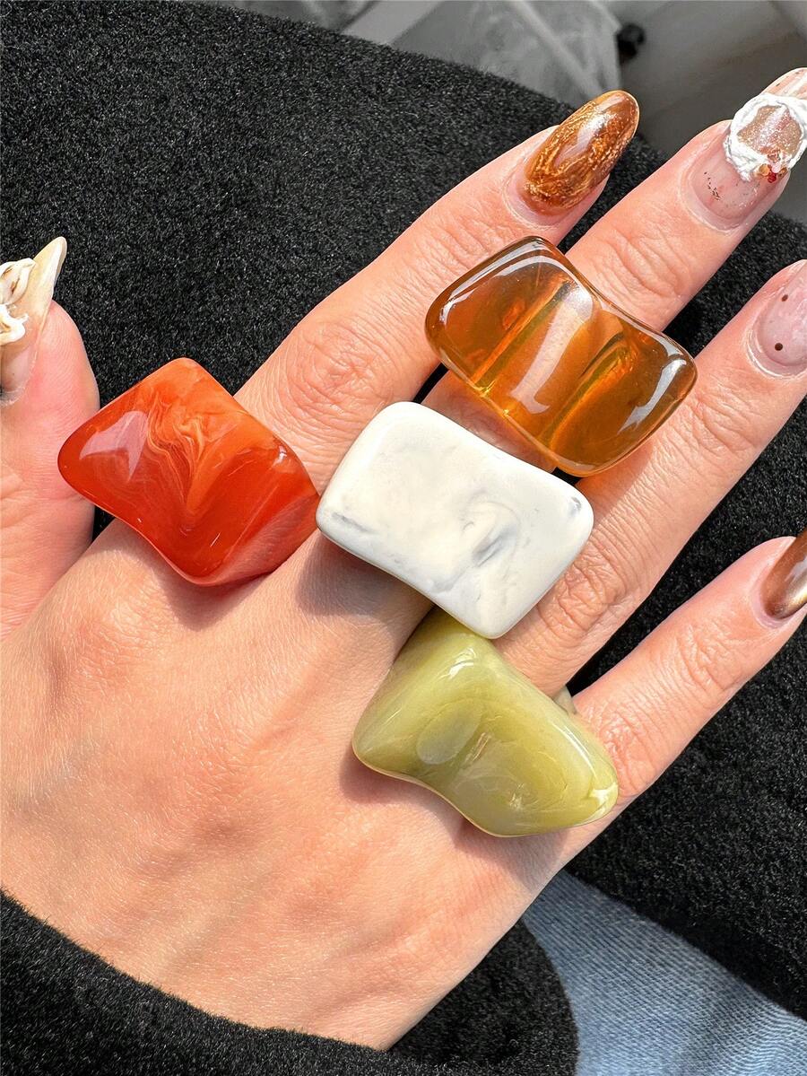 4pcs Vintage Geometric Minimalist Resin Rings Set, Asymmetrical Oversized Rings Suitable For Women's Daily Wear, Festivals, Party Gifts - Multicolor - View 1