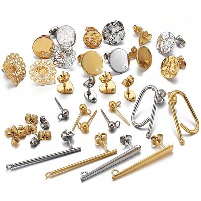 10pcs/20pcs Stainless Steel Asymmetrical Embossed Round, Water Drop, Heart, Flower, Ball Shaped Stud Earrings, Suitable For DIY Jewelry Making