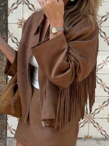 Women's Fashion Faux Suede Short Jacket With Fringe, Suitable For Commuting And Dating - Brown - View 1