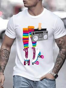 Retro Roller Skates Boombox Graphic Men's 100% Cotton T Shirt 1pcs Vintage Style Digital Printed T Shirt Tee 220g Music Lover Streetwear - White - View 8