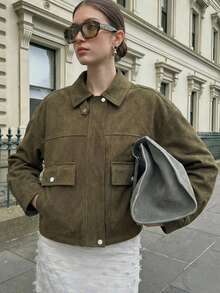 Women's Short Suede Aviator Jacket, Autumn/Winter Outerwear, Autumn, Women's Zipper Long Sleeve Top, Short Green Zipper Short Jacket, Winter - Khaki - View 3