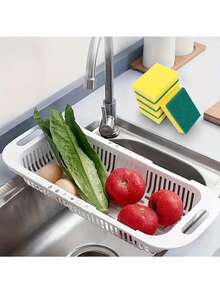 1/5 piezas Cesta de drenaje multifuncional de doble capa expandible, colador de plástico para lavar platos, verduras, frutas, escurridor, drenador de verduras, cesta de plástico rectangular, cesta de drenaje para fregadero de cocina, estropajo - Multicolor - Ver 2
