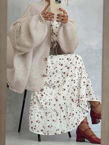 1pc Solid Color Knit Fabric Ribbed Front Button Closure Plus Size Women Dress, Suitable For Home, Daily, Vacation, Brunch, Autumn/Winter - Beige - View 1