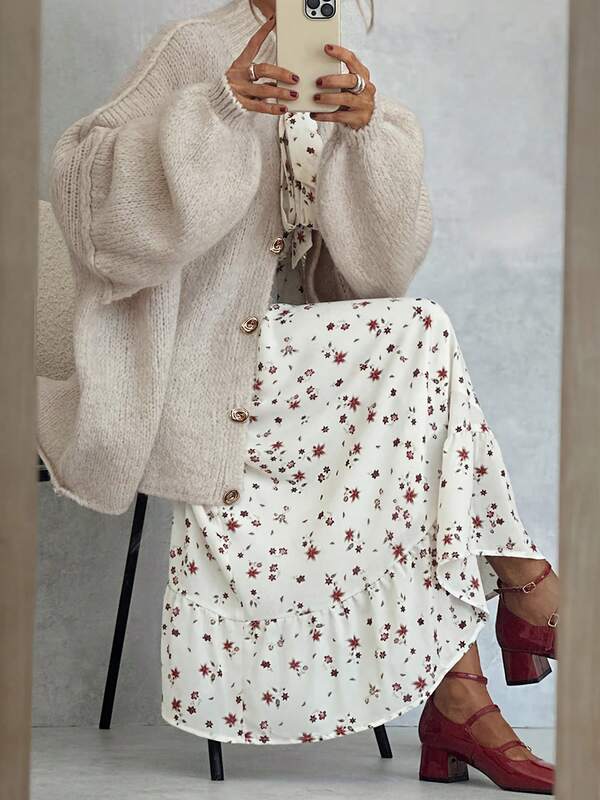 1 件纯色针织面料罗纹前扣大码女式连衣裙，适合居家、日常、度假、早午餐、秋冬