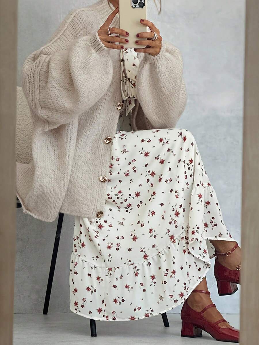 1pc Solid Color Knit Fabric Ribbed Front Button Closure Plus Size Women Dress, Suitable For Home, Daily, Vacation, Brunch, Autumn/Winter - Beige - View 1