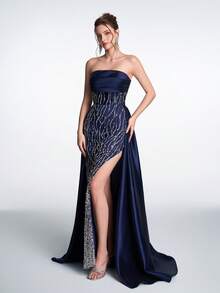 Vestido de noche de cola de sirena con espalda descubierta, cruzado y con cuentas brillantes de lujo de Anymoon, adecuado para galas, brindis nupciales, cenas formales, fiestas de cóctel y primavera - Azul Marino - Ver 6