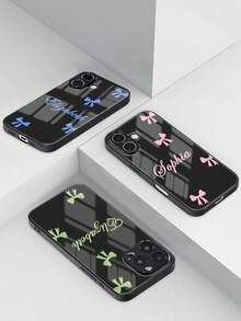 粉黑蝴蝶結圖案防震鋼化玻璃客製化姓名與蝴蝶結顏色手機殼 時尚個性化 適用 A15/A14/A13、S23 22 Ultra/11 XR 12 13 14 15 16 17 Pro Max 1件 春季生日禮物 女款 - 彩色 - 查看 4