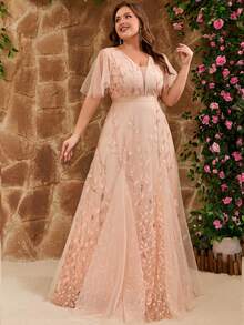 女士大码时尚优雅网纱亮片花卉刺绣贴花新娘母亲礼服晚礼服婚礼宾客正式长款派对礼服，适合正式晚宴、生日派对、婚礼、毕业舞会、春夏秋季、情人节等场合。 - 杏色 - 查看 4