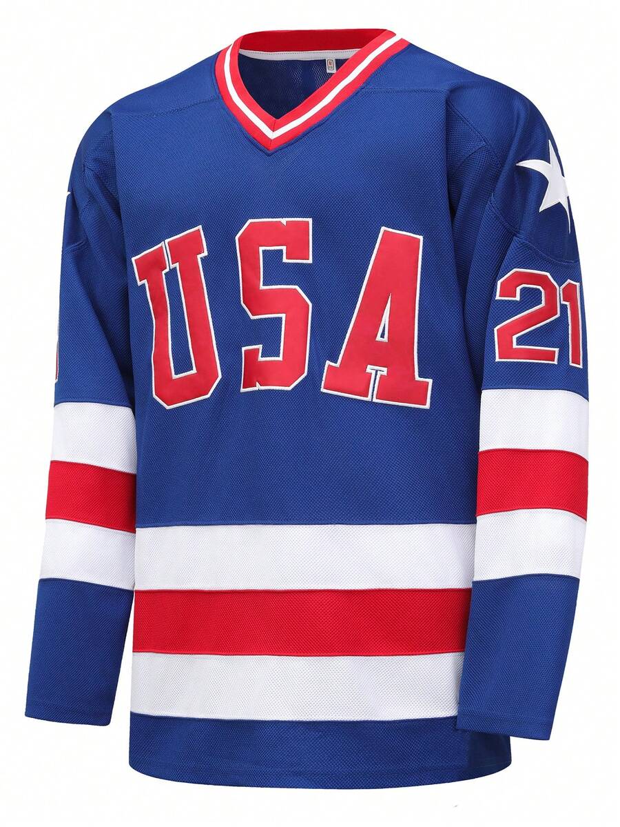 Men's Ice Hockey Jersey USA 21 Blue V-Neck Long Sleeved Embroidered Sports Shirt Ice Hockey Jersey - Blue - View 1