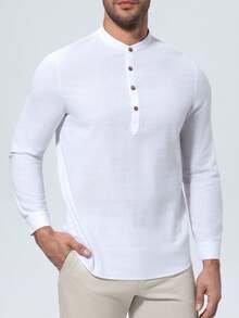 男士休闲亨利领长袖衬衫，立领，夏季沙滩嬉皮风纽扣T恤 - 白色 - 查看 1