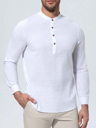 男士休闲亨利领长袖衬衫，立领，夏季沙滩嬉皮风纽扣T恤