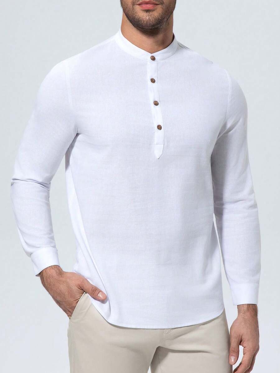 男士休闲亨利领长袖衬衫，立领，夏季沙滩嬉皮风纽扣T恤 - 白色 - 查看 1