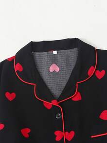 爱心印花女士长袖长裤睡衣套装 - 酒紅色 - 查看 2