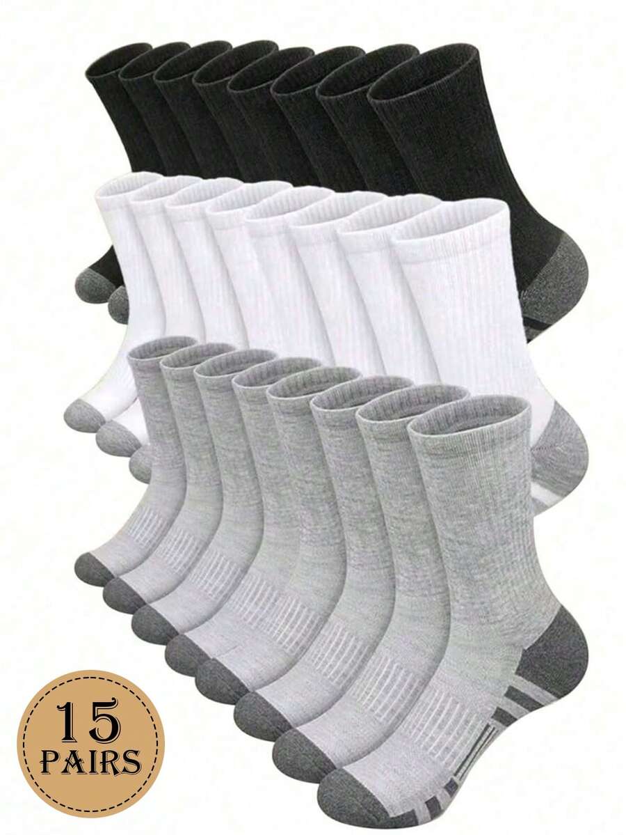 15双男士袜子，女士袜子，男士条纹印花中筒袜，休闲舒适的阴阳图案袜子，适合日常穿着。简约男士袜子四季皆宜，运动简约风格中筒袜，有多种颜色可选。