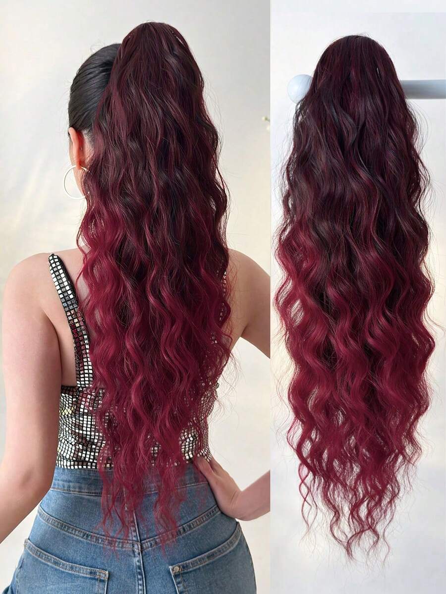 24-Inch Brown Long Wavy Heat-Resistant Synthetic Ponytail Hair Extensions, Claw Clip On, Suitable For Daily Wear, Black, Brown, Burgundy