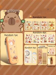 147 piezas Conjunto de artículos de papelería con diseño de Capibara, estuche de lápices de alta calidad y lindos, útiles escolares, regalo de aprendizaje - Multicolor - Ver 4