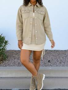 Women's Winter Street Style Oversized Frayed Denim Jacket With Elegant Shirt Collar