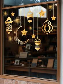 1pc Ramadan Decorative Sticker With Gold Moon & Star Pattern, Made Of PVC Material, Static Cling Technology For Easy Application And Removal On Windows And Glass Doors, Waterproof, Suitable For Decorating Any Space During Ramadan