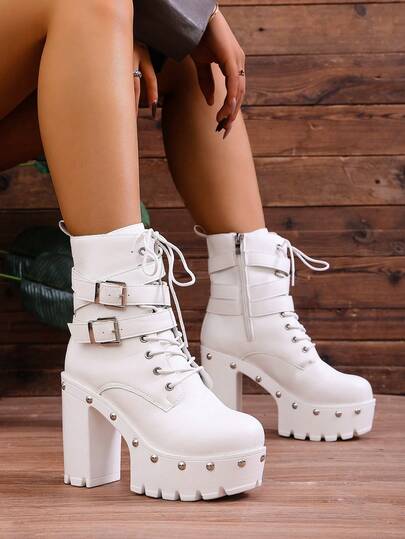 女士白色厚底防水系带踝靴