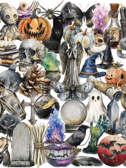 50pcs Vintage Watercolor Pumpkin Cute Ghost Transparent Graffiti Decal Stickers Waterproof Stickers For Laptop, Water Bottles, Luggage, Helmet, Motorcycle, Guitar