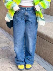 Women's Mid-Rise Classic Washed Loose Straight Leg Jeans, Casual Versatile Denim Pants - Medium Wash - View 2