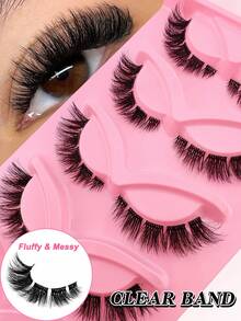 全新5对装猫眼假睫毛，透明睫毛梗，自然妆效，浓密卷翘，适合日常佩戴，派对妆容必备，3D蓬松自然款。 - 黑色 - 查看 1