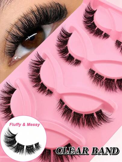 NYA 5 par lösögonfransar kattögonfransar med genomskinligt band naturligt utseende lösögonfransar volym makeup genomskinliga bandögonfransar för dagligt festbruk lösögonfransar 3D fluffiga naturliga fransar lämpliga för dagligt bruk