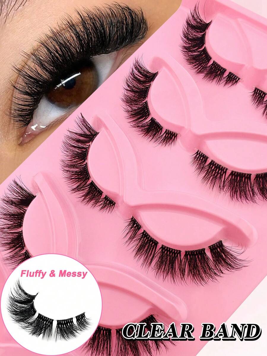 全新5对装猫眼假睫毛，透明睫毛梗，自然妆效，浓密卷翘，适合日常佩戴，派对妆容必备，3D蓬松自然款。 - 黑色 - 查看 1