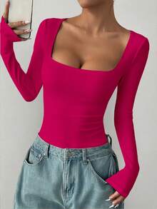 imisic A Sexy Long Sleeve Square Neck Jumpsuit For Spring/Summer, With Deep Square Neck Design, Basic Tight-Fitting Piece Essential For Indoor & Outdoor Wear, Excellent Shaping Effect. This Tight-Fitting Deep V Square Neck Long Sleeve Jumpsuit Is Suitable For Sports, Home Wear And Daily Activities. - Hot Pink - View 4