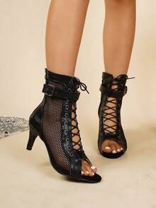 Giày cao gót nữ, quai chéo, khóa kéo sau, khóa điều chỉnh, thời trang và thoải mái, lưới rỗng màu đen, giày khiêu vũ, giày sandal đấu sĩ La Mã - màu đen - Xem 5