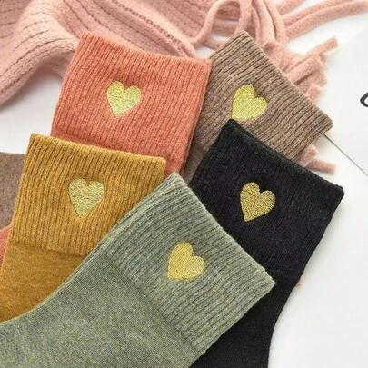1-5 Pairs Women's Cute Heart Pattern Mid-Calf Socks, Soft & Comfortable For Daily Wear