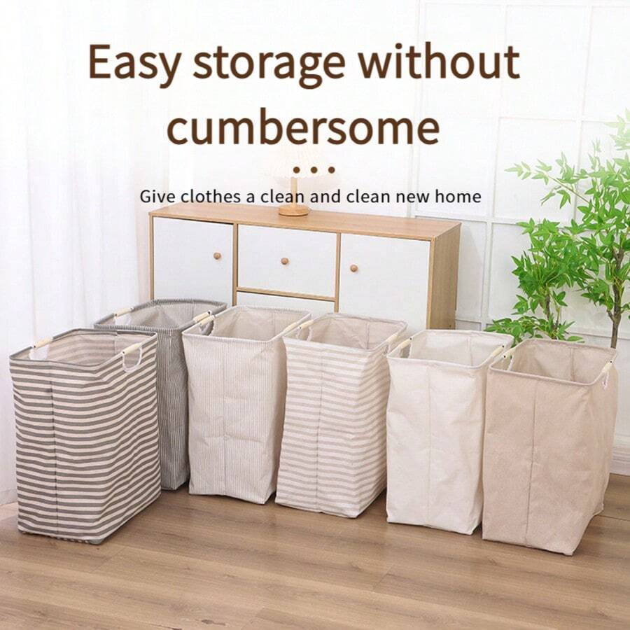 1pc Cotton And Linen Laundry Basket For Home Use, Foldable, Portable Cloth Laundry Hamper, Laundry Storage Basket For Bedroom And Bathroom. Simple Foldable Laundry Basket With Wooden Handles, Large-Capacity Storage Basket For Dolls And Toys, Foldable Storage Basket.