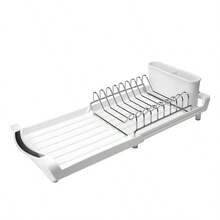 1pcs Expandable Dish Drying Rack For Sink Or Countertop, Compact Stainless Steel Dish Drainer With Removable Utensil Holder - White - View 7