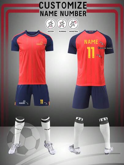 2pcs Football Jersey, 2627 Spain Football Jersey, Personalized Football Jersey For Men, Men's Sports Suit, Running Suit For Men, Summer Men's Suit, Men's T-Shirt Set, Football Jersey, Personalized Football Jersey, Football Jersey With Number Printing, Suitable For Daily Wear, Football, Badminton, Basketball, Cycling