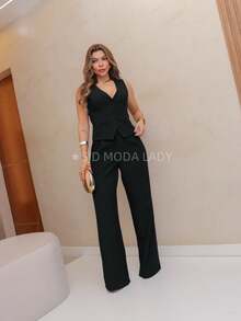 SAKURA LADY FASHION [G1-44][G2-46][G3-48] Women's Set, 2 Pieces, Vest With Buttons And Faux Pocket, Louis Twill Fabric, Luxury Set Vest And Wide-Leg Pants, Chic Striped Set, Casual Suit, Elegant Look, Formal Wear, Set For Events, Refined Look, Modern Suit, Stylish Suit, Sophisticated Women's Clothing, Lightweight Tailoring, Comfort And Elegance, Party Set, Women's Vest, Comfortable Pants, Urban Women's Look, Ideal For Work, Perfectly Fitting Clothing, Versatile Set, Suit With Personality, Casual Women's Fashion, Practical And Elegant Style, Summer Look, Sweet, Cute, Best Quality, Christmas Women's Clothing - 黑色 - 查看 2
