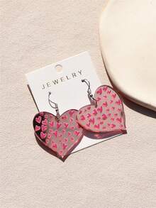 1 Pair Women's Valentine's Day Pink Small Heart Print Mirror Heart Shaped Acrylic Earrings, Sexy & Cute, Creates Gentle Ambiance - Multicolor - View 6