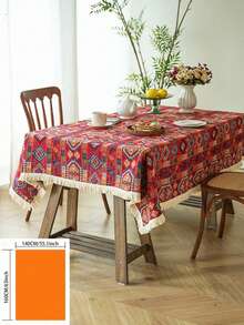 1pc Bohemian Style Red Geometric Jacquard Tablecloth With Natural Tassel, Rectangular Tablecloth For Dining Table, Coffee Table, TV Stand, Entryway, Suitable For Holiday Gatherings, Birthday Parties, Weddings, Dining Room, Living Room, Office, All Seasons - Red - View 21