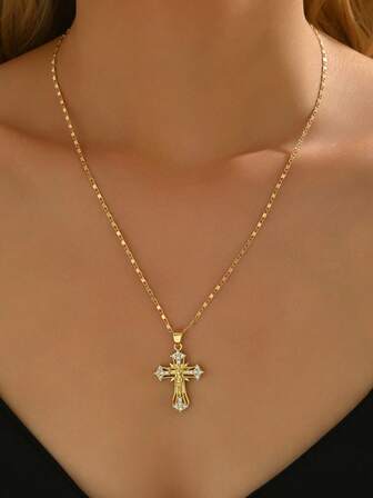 1pc Fashionable Unisex Rhinestone Studded Jesus Cross Necklace, Elegant Cross Pendant Necklace For Women, Suitable For Daily Wear, Valentine's Day Gift