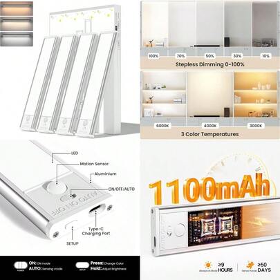 New 4-Pack Motion Sensor Closet Lights Under Cabinet Lighting Wireless USB Rechargeable Led Light Bars With Large Capacity Battery Operated For Stairs/Wardrobe/Hallway/Kitchen/Camping Silver-20CM
