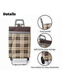 Carrito de la Compra Multifuncional | Estructura Robusta y Ligera con 2 Ruedas Deslizantes | Gran Capacidad y Plegable para Transporte Fácil | Ideal para Compras Diarias, Transportar Paquetes, Viajar, Acampar y Mudarse | Perfecto como Regalo de Navidad - Cuadros marrones - Ver 3