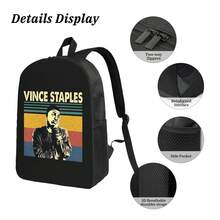 1 pieza Mochila vintage con impresión de Vince Staples y hecha a mano, con compartimentos espaciosos para guardar libros, portátiles y artículos personales - Negro - Ver 5