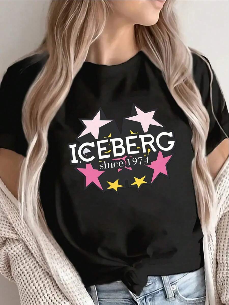 Women'S Iceberg Since 1971 Graphic T-Shirt - Lightweight & Durable Black Crew Neck Tee With Bold Pink & Yellow Star Print, Casual Short Sleeve Top For Daily Wear, Home, Or Dining Areas, Everyday Tshirt| Bold Graphic Tee| Medium Stretch Fabric - 黑色 - 查看 1
